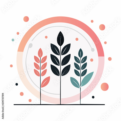 Abstract illustration of three stylized plants within a circular frame