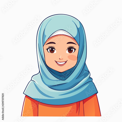 Cartoon illustration of a smiling girl wearing a blue hijab