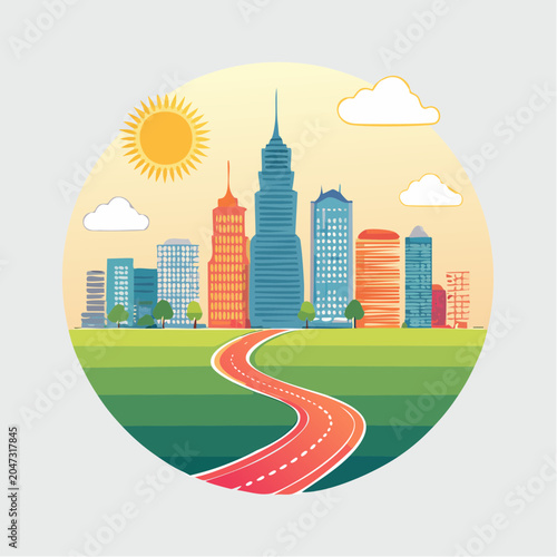 Cityscape with Road and Sun