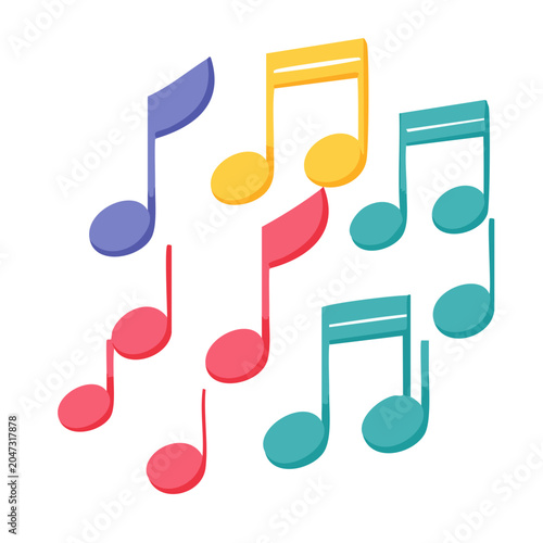 Colorful musical notes scattered on white background