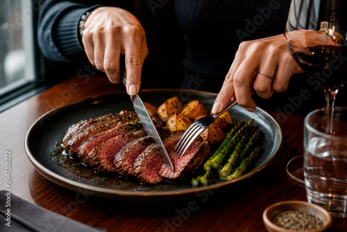 Woman cutting juicy beef steak at restaurant table. Close up