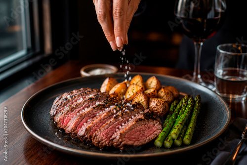 Hand sprinkling sea salt over sliced beef steak with asparagus. Close up