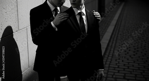 Black and white image of two men in suits, one with a hand on the other's shoulder, symbolizing partnership, support, and connection.