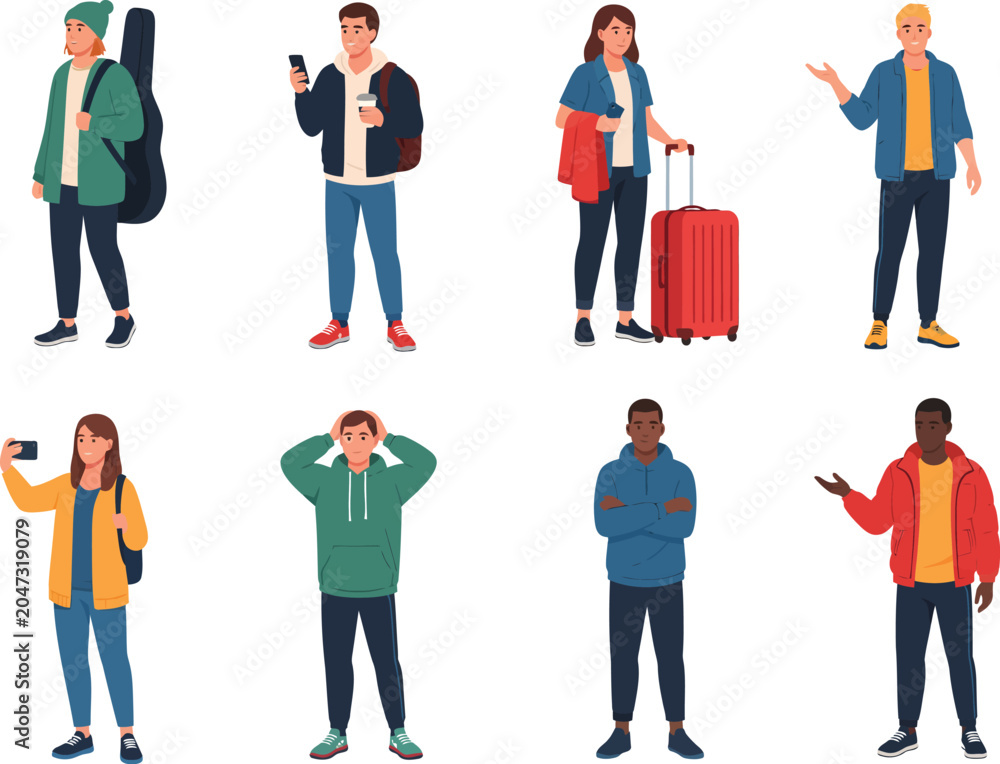 Obraz premium Set of diverse young people standing in casual clothes full body with standing characters lifestyle portraits isolated collection students clothing diversity youthful individuals character
