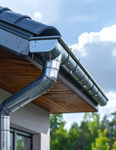 Modern Rainwater Gutter System Installation on Residential House Roof Exterior