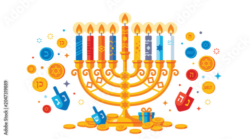 Fotografi Menorah with nine colorful candles.