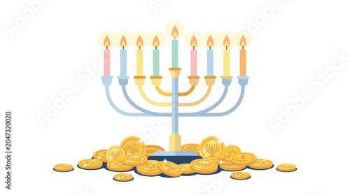 Foto Menorah with gold coins and candles.
