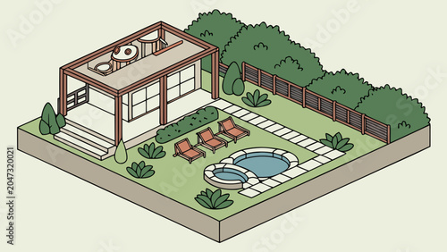 Isometric home backyard garden with swimming pool and modern lounge area