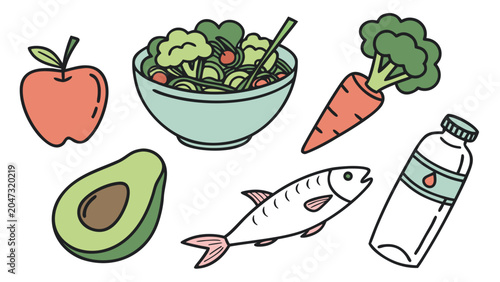 Set of fresh healthy food items and drink icons with nutrition, vegetable