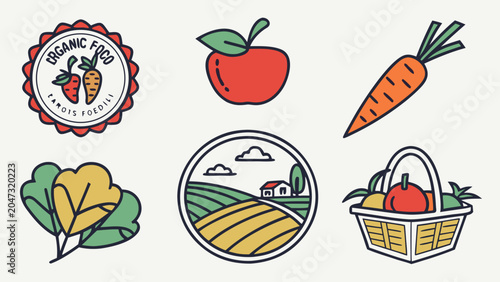 Organic farm produce labels and agricultural scene icons with agriculture