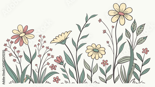 Garden meadow illustration with assorted spring flowers and grass, wildflowers