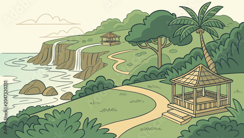 Coastal tropical landscape illustration with gazebo and waterfall view, tropical