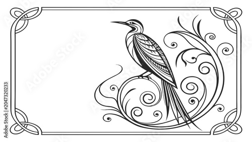 Elegant illustration of a tropical bird perched on decorative floral swirls