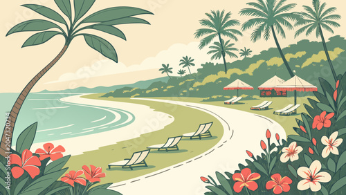 Scenic tropical beach resort landscape with palm trees and lounge chairs