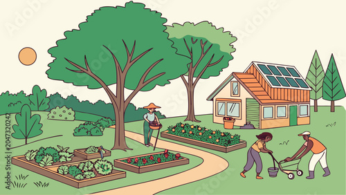 People gardening at a sustainable farmhouse with solar panels and vegetable beds