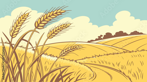 Canvastavla Vintage illustration of golden wheat field in sunny rural landscape