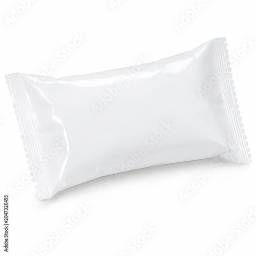 White blank plastic foil food package in a pillow bag format gently air filled shape sealed crimped ends glossy reflective surface simple compact convenience food packaging concept