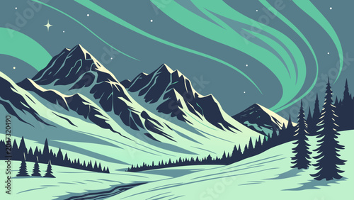 Winter mountain landscape under aurora borealis night sky with mountain