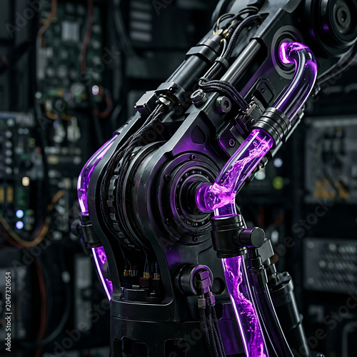 Close-up of a robotic arm with glowing purple fluid in tubes