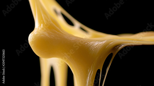 Golden cheese string stretches invitingly on a dark background