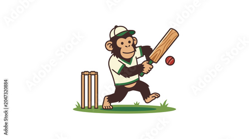 Photography Cartoon Monkey Playing Cricket with Bat and Ball on White Background