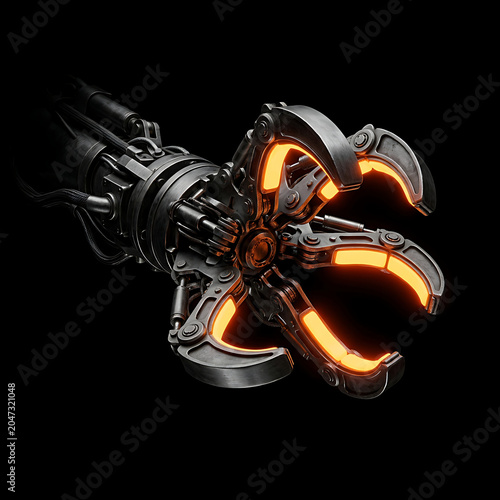 Robotic Mechanical Hand with Glowing Orange Grippers on Black Background