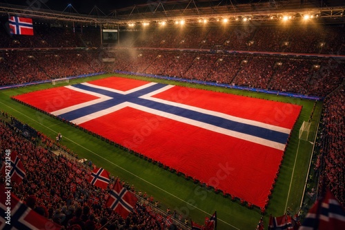 Giant Norwegian flag covering football stadium field, dramatic night match atmosphere, patriotic national banner spectacle isolated PNG with Transparent Background