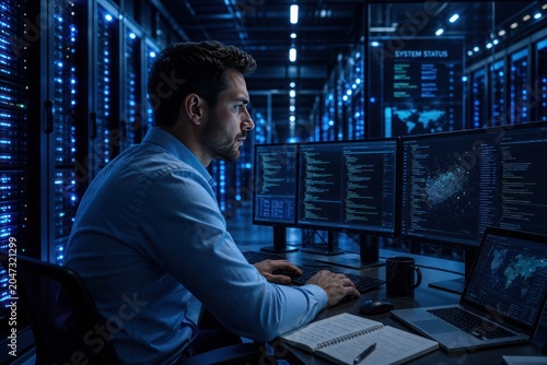 Futuristic data center engineer at workstation, cybersecurity monitoring screens, blue server room IT operations isolated PNG with Transparent Background