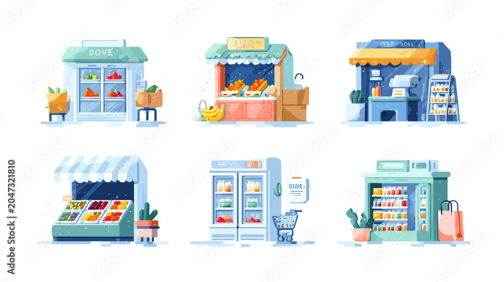Fototapeta premium Collection Of Six Small Grocery Stores And Market Stalls Featuring Fresh Produce And Refrigerated