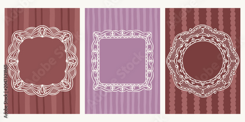 Vintage lace whimsical vector square, round frames set. Decorative elegant retro coquette romantic backgrounds