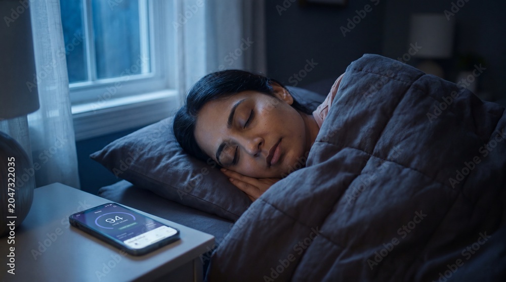 Fototapeta premium A young woman sleeps soundly in her bed as a smartphone on her nightstand displays a sleep tracking app, suggesting a peaceful night's rest.