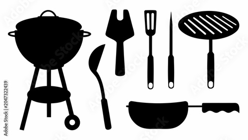 Set of barbecue grill and cooking tools silhouettes, including spatula, tongs, fork, and pan
