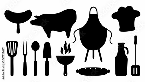 Barbecue and grilling icons set, collection of kitchen tools, meat, apron and chef hat silhouettes