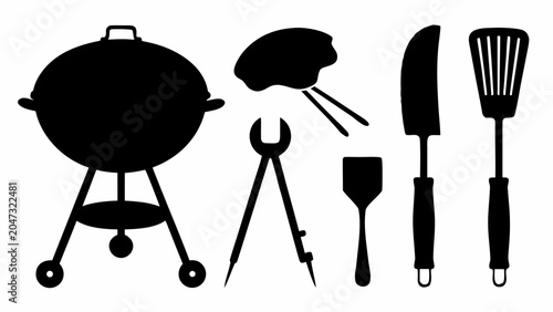 Barbecue grill and grilling tools silhouette set
