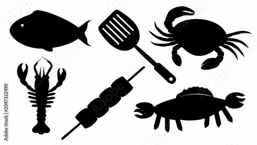 Seafood set with fish, crab, lobster, skewer and spatula