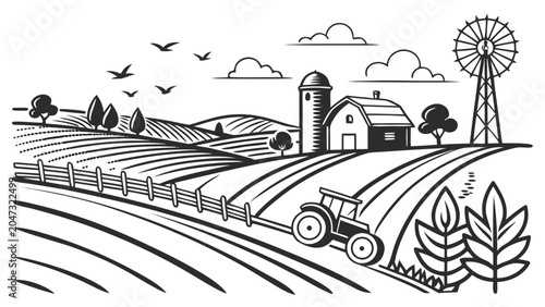Rural farm landscape with tractor and windmill drawing landscape windmill