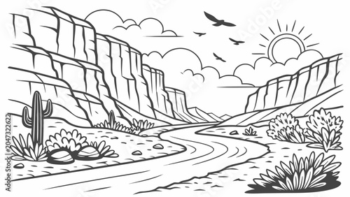 Western desert landscape illustration with canyon walls and cacti, landscape