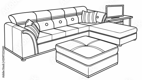 Modern sectional sofa furniture outline illustration with ottoman and tv stand