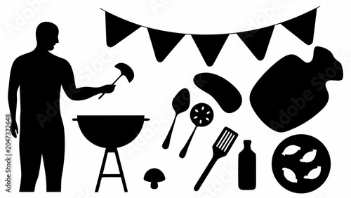 Barbecue party silhouette set with man grilling food, cooking utensils, bunting flags, mushroom, bottle, and plate