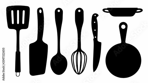 Set of kitchen utensils silhouettes, including spatula, spoon, whisk, knife, and pans