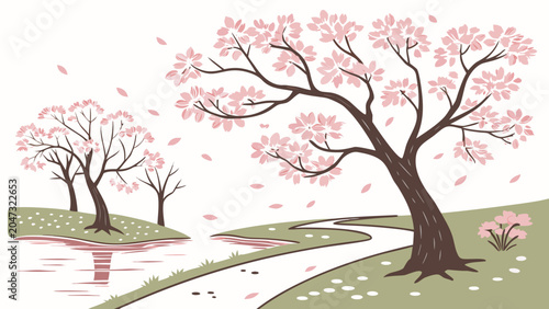 Cherry blossom spring landscape with river and winding path landscape peaceful