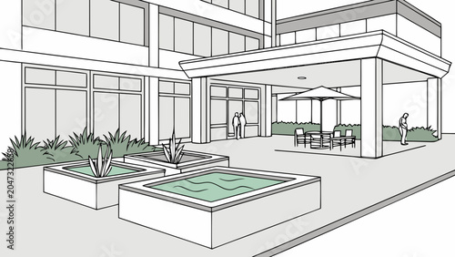 Exterior courtyard view of modern office building entrance with building