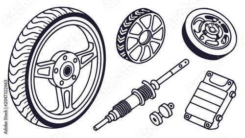 Car parts and vehicle components vector line art collection with automotive