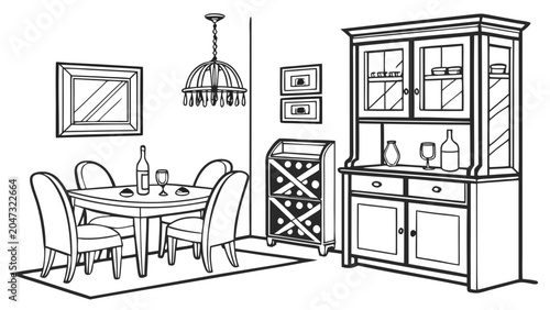 Dining room interior furniture set line art illustration with furniture