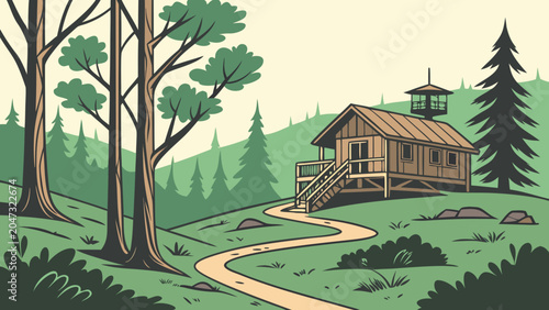 Rustic mountain cabin in a wooded forest landscape with mountain, landscape