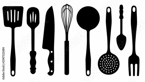 Set of kitchen utensils silhouettes, including spatula, knife, whisk, ladle, skimmer, spoon and fork
