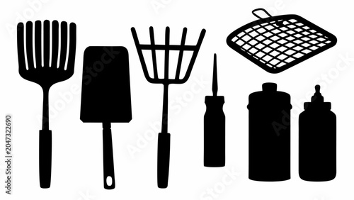 Set of silhouettes of kitchen utensils and barbecue tools