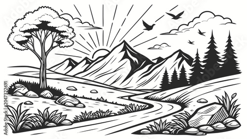 Mountain landscape line art with sunrise and pine forest mountain landscape