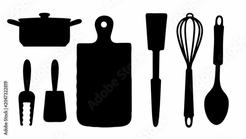 Set of kitchen utensils silhouettes, including a pot, cutting board, spatula, whisk, and ladle