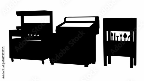 Silhouettes of professional kitchen equipment including a grill, a food warmer, and a cutlery storage stand